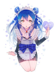 Rule 34 | 1girl, apron, arm support, blue hair, commentary request, detached sleeves, double bun, frills, hair between eyes, hair bun, heart, highres, holding, long hair, looking at viewer, love live!, love live! school idol project, maayan, maid, maid apron, maid headdress, mogyutto &quot;love&quot; de sekkin chuu!, open mouth, seiza, simple background, sitting, solo, sonoda umi, yellow eyes