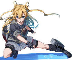Rule 34 | 1girl, abukuma (kancolle), black footwear, black gloves, blonde hair, blue eyes, boots, chestnut mouth, dot nose, fingerless gloves, full body, gegeron, gloves, highres, kantai collection, legs, long hair, looking to the side, open mouth, partially fingerless gloves, sailor collar, school uniform, serafuku, short sleeves, skid mark, skirt, solo, two side up, v-shaped eyebrows, white background