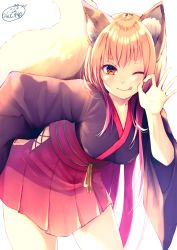 Rule 34 | 1girl, ;q, animal ear fluff, animal ears, black kimono, blush, breasts, chita (ketchup), closed mouth, commentary request, fox ears, fox girl, fox tail, hair between eyes, highres, japanese clothes, kimono, leaning to the side, light brown hair, long sleeves, medium breasts, ok sign, one eye closed, original, pleated skirt, red skirt, short kimono, signature, simple background, skirt, smile, solo, tail, thick eyebrows, tongue, tongue out, white background, wide sleeves