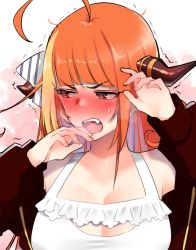 Rule 34 | 1girl, ahoge, bare shoulders, blonde hair, blunt bangs, blush, bow, breasts, camisole, cleavage, cleavage cutout, clothing cutout, commentary request, diagonal-striped bow, dragon girl, dragon horns, embarrassed, frilled camisole, frills, full-face blush, hands up, highres, hololive, horn bow, horn ornament, horns, isuka, jacket, kiryu coco, kiryu coco (loungewear), large breasts, long hair, long sleeves, looking away, multicolored hair, nail polish, off shoulder, open clothes, open jacket, open mouth, orange hair, pink background, pink nails, red eyes, red jacket, sidelocks, simple background, solo, streaked hair, striped, striped bow, sweat, teeth, track jacket, trembling, two-tone background, upper body, upper teeth only, virtual youtuber, white background, white camisole