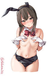 Rule 34 | 1girl, alternate costume, animal ears, black leotard, blush, bow, bowtie, brown eyes, brown hair, covered navel, covering breasts, covering privates, detached collar, ebifurya, fake animal ears, hair between eyes, highleg, highleg leotard, highres, kantai collection, leotard, leotard pull, looking at viewer, one-hour drawing challenge, playboy bunny, rabbit ears, simple background, solo, strapless, strapless leotard, taihou (kancolle), thigh gap, traditional bowtie, twitter username, white background
