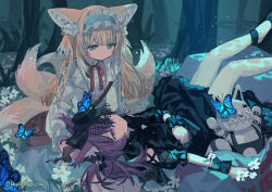 Rule 34 | 2girls, animal ears, arknights, bare legs, black bow, black dress, black footwear, black headwear, blonde hair, blue butterfly, blue hairband, blue skirt, bow, bug, butterfly, cardigan, dress, flower, forest, fox ears, fox girl, fox tail, frilled hairband, frills, hair bow, hair down, hair ornament, hairband, hat, insect, kitsune, lap pillow, long hair, long sleeves, looking at viewer, mini hat, morte (arknights), multiple girls, multiple tails, nature, neck ribbon, night, official alternate costume, open cardigan, open clothes, pink eyes, pink hair, red medicine, red ribbon, ribbon, shamare (arknights), shamare (echo of the horrorlair) (arknights), shirt, shoes, short sleeves, skirt, skull hair ornament, straight hair, stuffed toy, suzuran (arknights), suzuran (spring praise) (arknights), sweater, tail, twintails, twitter username, white flower, white shirt, white sweater