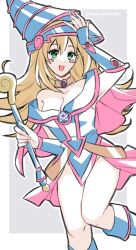 Rule 34 | 1girl, :d, blonde hair, blush stickers, breasts, capelet, choker, cleavage, dark magician girl, duel monster, green eyes, hair between eyes, hand on headwear, hat, holding, holding staff, long hair, looking at viewer, maji (majibomber), medium breasts, open mouth, pink capelet, smile, solo, staff, twitter username, wizard hat, yu-gi-oh!, yu-gi-oh! duel monsters