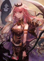 Rule 34 | 1girl, absurdres, armlet, belt, black cloak, black dress, black nails, branch, breasts, cleavage, cloak, closed mouth, commentary, cowboy shot, death (entity), dress, english commentary, expressionless, floating hair, flower, highres, holding, holding scythe, hololive, hololive english, long hair, looking at viewer, medium breasts, mori calliope, mori calliope (1st costume), mrstomachache, nail polish, pink eyes, pink flower, pink hair, scythe, sleeveless, sleeveless dress, solo, spikes, tiara, veil, virtual youtuber, white belt