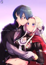 Rule 34 | 1boy, 1girl, armor, ascot, blonde hair, blue eyes, blue hair, blush, breasts, byleth (fire emblem), byleth (male) (fire emblem), cape, chinchongcha, couple, edelgard von hresvelg, fire emblem, fire emblem: three houses, fire emblem heroes, gloves, hair ornament, hair ribbon, hetero, highres, long hair, medium breasts, navel, nintendo, pantyhose, red cape, red pantyhose, ribbon, short hair, simple background, smile, uniform, upper body