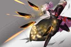 Rule 34 | 1girl, black dress, breasts, clothing cutout, dress, dress ribbon, drill hair, floating, floating object, floating weapon, grey hair, hair ornament, hair over one eye, highres, holding cannon, huge weapon, jian xuanyuan, joints, karenina: ember (punishing: gray raven), karenina (punishing: gray raven), long hair, mechanical arms, mechanical legs, orange eyes, orange ribbon, parted lips, punishing: gray raven, radio antenna, ribbon, robot joints, small breasts, solo, twin drills, underboob cutout, weapon