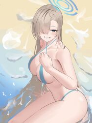 Rule 34 | 1girl, absurdres, asuna (blue archive), beach, bikini, blue archive, blue bikini, blue eyes, breasts, cleavage, hair over one eye, halo, highres, large breasts, light brown hair, long hair, looking at viewer, nemuslyp, swimsuit, water, waves