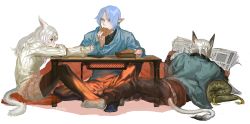 Rule 34 | 1girl, 2boys, animal ears, bad id, bad pixiv id, blue hair, cat ears, cat tail, controller, dark skin, eating, elezen, elf, facial mark, final fantasy, final fantasy xiv, frischenq, green eyes, kotatsu, long hair, looking at another, lying, miqo&#039;te, multiple boys, newspaper, on side, outstretched arm, pointy ears, remote control, short hair, sitting, sleeves past wrists, sweater, table, tail, white background, white hair, x-ray