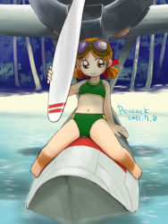 Rule 34 | 1girl, aircraft, airplane, alternate eye color, arm support, artist name, beach, bikini, dated, goggles, goggles on head, green bikini, military, nakajima a6m2-n, nasa-chan, navel, no nose, ocean, peacock (p-location), propeller, red eyes, red hair, seaplane, shore, short hair, short twintails, signature, solo, swimsuit, tree, twintails, water