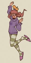 Rule 34 | 1girl, a hat in time, aged up, alternate costume, beret, bespectacled, brown hair, closed eyes, fujimna, full body, glasses, hat, hat kid, highres, long sleeves, open mouth, pantyhose, pink footwear, ponytail, purple sweater, ribbed sweater, round eyewear, shoes, short ponytail, sidelocks, simple background, smile, solo, striped clothes, striped pantyhose, striped thighhighs, sweater, thighhighs