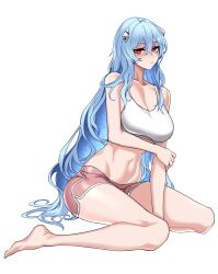 Rule 34 | 1girl, absurdres, aged up, alternate breast size, ayanami rei, barefoot, between legs, blue hair, blush, breasts, cleavage, collarbone, commentary request, commission, dogs (dlrkdejr26), dolphin shorts, evangelion: 3.0+1.0 thrice upon a time, feet, full body, hair ornament, hand between legs, highres, korean commentary, large breasts, light blue hair, long hair, looking at viewer, mature female, navel, neon genesis evangelion, parted lips, pink shorts, rebuild of evangelion, red eyes, shorts, sitting, solo, tank top, thighs, transparent background, very long hair, wariza, white tank top