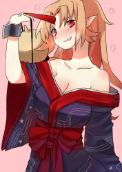Rule 34 | 1girl, alternate costume, bare shoulders, blonde hair, blush, breasts, breath, cleavage, collarbone, cuffs, drunk, female focus, gourd, grin, highres, horns, hoshiguma yuugi, hoshiguma yuugi (kimono), japanese clothes, kimono, large breasts, long hair, long sleeves, looking at viewer, off shoulder, pink background, pointy ears, red eyes, ribbon, sash, sh (shinh), simple background, single horn, smile, smirk, solo, squeans, string, touhou, upper body, wide sleeves