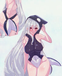 Rule 34 | 1girl, animal hood, arknights, arm up, ass, back, backless swimsuit, bare shoulders, black one-piece swimsuit, blush, breasts, casual one-piece swimsuit, cetacean tail, closed mouth, fins, fish tail, groin, hood, hooded swimsuit, large breasts, long hair, looking at viewer, motion lines, multiple views, one-piece swimsuit, orca hood, own hands together, pink eyes, simple background, skadi (arknights), skindentation, smile, swimsuit, tail, tsume3mai, two-tone swimsuit, very long hair, white background, white hair, white one-piece swimsuit