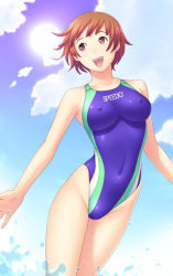 Rule 34 | 1girl, breasts, brown eyes, brown hair, cloud, competition swimsuit, covered erect nipples, day, happy, highleg, highleg swimsuit, impossible clothes, kuri (kurigohan), large breasts, navel, one-piece swimsuit, outdoors, pink eyes, shiny clothes, short hair, skin tight, sky, smile, solo, speedo (company), splashing, sun, swimsuit, wading, water
