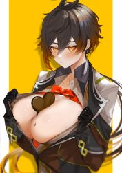 Rule 34 | 1girl, black gloves, black hair, blush, bow, breasts, brown hair, candy, chocolate, chocolate heart, chocolate on body, chocolate on breasts, cleavage, closed mouth, coat, earrings, food, food on body, genderswap, genderswap (mtf), genshin impact, gloves, hair between eyes, heart, highres, huge breasts, jewelry, long hair, looking at viewer, makeup, open clothes, open coat, orange eyes, red bow, red ribbon, ribbon, shikke gnsn, simple background, single earring, solo, tassel, tassel earrings, two-tone background, upper body, very long hair, zhongli (genshin impact)
