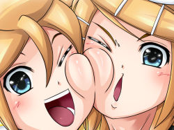 Rule 34 | 1boy, 1girl, blonde hair, brother and sister, cheek-to-cheek, cleft of venus, close-up, hair ornament, hairclip, heads together, kagamine len, kagamine rin, mameshiba (pixiv 59310), one eye closed, optical illusion, sexually suggestive, short hair, siblings, smile, twins, vocaloid, wink