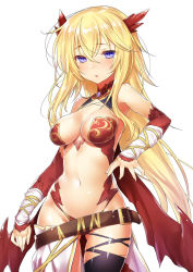 Rule 34 | 1girl, 47agdragon, :o, asymmetrical legwear, bare shoulders, belt, belt buckle, black thighhighs, blonde hair, blue eyes, blush, breasts, brown belt, buckle, closed mouth, dragon horns, fingernails, hair between eyes, highres, horns, long hair, looking at viewer, medium breasts, navel, original, parted lips, revealing clothes, simple background, single thighhigh, solo, thighhighs, uneven legwear, very long hair, white background