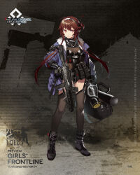 Rule 34 | 1girl, ahoge, android, belt pouch, black bag, black footwear, black leotard, black thighhighs, blue jacket, boots, breasts, brown hair, character name, english text, fangdan runiu, full body, fur-trimmed jacket, fur trim, garter straps, gas mask, girls&#039; frontline, gun, hair ornament, hairband, highres, holding, holding gun, holding weapon, jacket, leotard, logo, mask, mechanical arms, medium breasts, official art, open clothes, open jacket, pouch, red eyes, respirator, second-party source, see-through, short hair with long locks, sidelocks, single mechanical arm, solo, strapless, strapless leotard, submachine gun, thighhighs, trigger discipline, type 79 (girls&#039; frontline), type 79 (mod3) (girls&#039; frontline), type 79 smg, walkie-talkie, weapon, white hairband