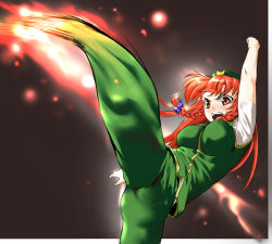 Rule 34 | 1girl, braid, breasts, byoin, female focus, gradient background, hat, high kick, hong meiling, immaterial and missing power, kicking, red hair, solo, touhou, twin braids