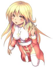 Rule 34 | 1girl, arm up, blonde hair, blush, breasts, cross, dress, high priest (ragnarok online), htm (gixig), jewelry, large breasts, long hair, necklace, no panties, open mouth, ragnarok online, solo, tears, thighhighs, white thighhighs, yellow eyes