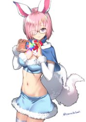 Rule 34 | 1girl, absurdres, animal ears, arm warmers, blue bra, blue capelet, blue skirt, blush, bow, bowtie, bra, breasts, capelet, cleavage, cosplay, cowboy shot, detached sleeves, fate/grand order, fate (series), fou (fate), fou (fate) (cosplay), fur-trimmed bra, fur-trimmed skirt, fur trim, hair over one eye, highres, light purple hair, long sleeves, looking at viewer, mash kyrielight, navel, official alternate costume, purple eyes, red bow, red bowtie, saint quartz (fate), saruchitan, short hair, simple background, skirt, smile, solo, standing, stellated octahedron, stomach, tail, thighhighs, underwear, white background, white thighhighs