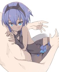 Rule 34 | 1boy, 1girl, arched back, ass, backless outfit, bare shoulders, blade (galaxist), blush, breasts, cleavage cutout, clothing cutout, dark-skinned female, dark skin, fate/grand order, fate/prototype, fate/prototype: fragments of blue and silver, fate (series), fingerless gloves, flower, gloves, hair between eyes, hands on another&#039;s chest, hassan of serenity (fate), headband, hetero, hug, looking at viewer, out of frame, parted lips, petite, purple eyes, purple hair, short hair, sidelocks, simple background, sitting, sitting on lap, sitting on person, size difference, small breasts, solo focus, tsurime, white background