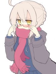 Rule 34 | 1girl, adjusting eyewear, ahoge, artoria pendragon (fate), black jacket, blonde hair, blue sweater, blush, breasts, commentary request, covering own mouth, fate/grand order, fate (series), glasses, hair between eyes, hand on eyewear, highres, jacket, long sleeves, looking at viewer, medium breasts, mysterious heroine x (fate), mysterious heroine x alter (fate), mysterious heroine x alter (first ascension) (fate), pleated skirt, ponytail, red scarf, scarf, short hair, simple background, skirt, solo, sweater, tranquillianusmajor, upper body, white background, winter clothes, yellow eyes