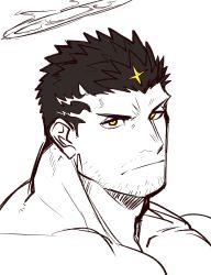 Rule 34 | 1boy, asahi (zabaniyan), bara, facial hair, frown, halo, highres, looking at viewer, male focus, mature male, muscular, muscular male, nude, pectorals, short hair, sideburns, solo, spot color, stubble, tokyo houkago summoners, upper body, white background, yellow eyes, zabaniyya (housamo)