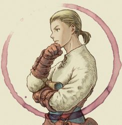 Rule 34 | blonde hair, brown gloves, clenched hand, final fantasy, final fantasy tactics, gloves, hand up, mustadio bunansa, shirt, short ponytail, simple background, solo, upper body, white shirt, windcaller