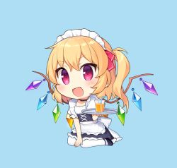 Rule 34 | 1girl, :d, alternate costume, apron, bendy straw, black choker, black dress, black footwear, blonde hair, blue background, blush, chibi, choker, collarbone, commentary request, crystal, cup, dress, drink, drinking glass, drinking straw, enmaided, fang, flandre scarlet, frilled apron, frilled dress, frills, full body, hair between eyes, holding, holding tray, long hair, maid, maid headdress, one side up, open mouth, pantyhose, puffy short sleeves, puffy sleeves, red eyes, shoes, short sleeves, simple background, sitting, smile, solo, touhou, tray, v-shaped eyebrows, waist apron, wariza, white apron, white pantyhose, wings, yada (xxxadaman)