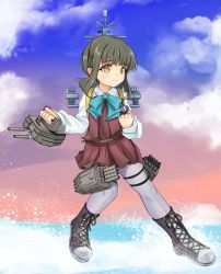 Rule 34 | 1girl, adapted turret, blouse, blue bow, blue bowtie, blue sky, bob cut, boots, bow, bowtie, braid, brown dress, brown eyes, cannon, cloud, cross-laced footwear, dress, full body, gradient sky, green hair, grey pantyhose, halterneck, highres, kantai collection, lace-up boots, long sleeves, machinery, pantyhose, pleated dress, school uniform, shirt, short hair, short hair with long locks, sidelocks, sky, solo, standing, standing on liquid, takanami (kancolle), turret, white shirt, yashin (yasinz)