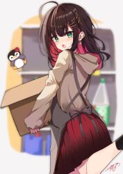 Rule 34 | 1girl, :o, apron, black socks, box, brown hair, brown hoodie, cardboard box, carrying, colored inner hair, criss-cross back-straps, earrings, foot out of frame, foot up, from side, gradient skirt, green eyes, grey apron, hair between eyes, hair ornament, hairclip, hairpin, highres, hizuki yui, holding, holding box, hood, hood down, hoodie, izumi izu, jewelry, long hair, long sleeves, looking at viewer, miniskirt, multicolored hair, neo-porte, open mouth, pleated skirt, red hair, red skirt, signature, skirt, socks, solo, standing, sweatdrop, virtual youtuber