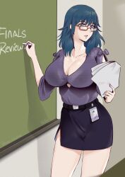 Rule 34 | 1girl, alternate costume, blue eyes, blue hair, breasts, byleth (female) (fire emblem), byleth (fire emblem), chalk, chalkboard, cleavage, fire emblem, fire emblem: three houses, glasses, highres, holding, holding chalk, holding paper, large breasts, nintendo, paper, parted lips, pencil skirt, purple nails, skirt, solo, teacher, thighs, vialnite