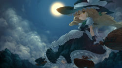Rule 34 | 1girl, atsuki, bad id, bad pixiv id, blonde hair, braid, broom, broom riding, cloud, embellished costume, female focus, fingerless gloves, frills, gloves, hat, kirisame marisa, lace, moon, night, short hair, sidesaddle, solo, touhou, witch, witch hat, yellow eyes