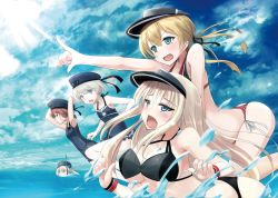 Rule 34 | 5girls, adapted costume, armpits, ass, bare arms, bare legs, bikini, bismarck (kancolle), black bikini, blonde hair, blue eyes, blue sky, blush, breasts, clothes writing, cloud, commentary request, day, from side, hair ornament, hat, highres, kantai collection, kochipu, large breasts, long hair, multiple girls, ocean, open mouth, outdoors, partially submerged, peaked cap, pointing, prinz eugen (kancolle), sailor collar, sailor hat, short hair, side-tie bikini bottom, silver hair, sky, small breasts, smile, swimsuit, teeth, twintails, u-511 (kancolle), visor cap, water, wristband, z1 leberecht maass (kancolle), z3 max schultz (kancolle)