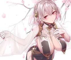 Rule 34 | 1girl, azur lane, blush, braid, breast curtains, breasts, china dress, chinese clothes, dress, flower, gloves, hair between eyes, hair ornament, hyury, large breasts, looking at viewer, red eyes, revealing clothes, short hair, sirius (azur lane), sirius (azure horizons) (azur lane), solo, white gloves, white hair, white legwear