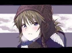 Rule 34 | 1girl, alternate costume, blue eyes, blush, breath, brown hair, brown hat, close-up, closed mouth, commentary request, grey background, hair between eyes, hat, letterboxed, looking at viewer, neon genesis evangelion, scarf, simple background, solo, souryuu asuka langley, sulking, winter clothes, yagisawa teru