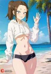 1girl absurdres beach black_shorts breasts brown_eyes brown_hair cloud commentary contrail cowboy_shot cropped_hoodie cumulonimbus_cloud english_commentary grin groin hand_up highres hmangadd hood hood_down hoodie komi-san_wa_komyushou_desu long_sleeves looking_at_viewer mole mole_under_eye mole_under_mouth multiple_moles navel onemine_nene open_mouth outdoors palm_tree patreon_logo patreon_username shorts sky smile solo standing summer teeth tree waving white_hoodie