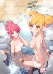 Rule 34 | 2girls, absurdres, blonde hair, blue eyes, breasts, closed mouth, convenient censoring, copyright request, double bun, food, hair bun, highres, looking at viewer, medium breasts, multiple girls, naked towel, navel, nude, onsen, orange eyes, partially submerged, pink hair, rock, short hair, sitting, small breasts, soaking feet, steam, steam censor, susinoyama, taiyaki, towel, wagashi, water, wet