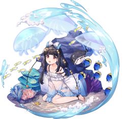 Rule 34 | 1girl, :o, ankle ribbon, ark order, artist request, barefoot, black hair, black panties, black ribbon, coral, dress, fish, frilled dress, frills, hair ornament, jellyfish, leg ribbon, long hair, long sleeves, looking at viewer, low twintails, nakisawame (ark order), official art, panties, red eyes, ribbon, rock, sand, sea anemone, side-tie panties, sitting, solo, spaghetti strap, star (symbol), star hair ornament, starfish, tachi-e, toenails, transparent background, twintails, underwear, wariza, water, waves, wet, wet clothes, wet dress, white dress