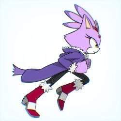 Rule 34 | 1girl, alotaart, alternate costume, animal ears, blaze the cat, boots, cat ears, cat tail, coat, forehead jewel, from side, full body, fur-trimmed coat, fur trim, furry, furry female, high heel boots, high heels, highres, purple coat, running, solo, sonic (series), tail, yellow eyes