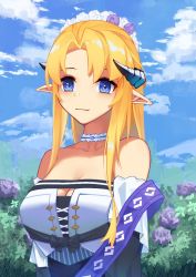 Rule 34 | 1girl, arknights, bare shoulders, blonde hair, blue eyes, blue sky, breasts, chinese commentary, choker, cleavage, cloud, commentary request, day, flower, horns, large breasts, leiroken, long hair, off-shoulder shirt, off shoulder, official alternate costume, pointy ears, purple flower, saileach (appreciate fragrance) (arknights), saileach (arknights), shirt, sky, smile, solo, upper body, white choker, white shirt