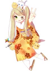 Rule 34 | &gt; &lt;, 1girl, 2017, ;d, animal, animal on head, blonde hair, blush, calligraphy brush, cat, cat on head, chick on head, closed eyes, commentary request, emu-chan (mafuyu), facepaint, floral print, fur collar, green eyes, hair ornament, hairclip, hanetsuki, highres, japanese clothes, kimono, long hair, looking at viewer, mafuyu (chibi21), new year, obi, on head, one eye closed, open mouth, original, outstretched arm, paintbrush, sandals, sash, simple background, sitting, smile, socks, solo, swept bangs, twintails, v, white background, white socks, yellow kimono