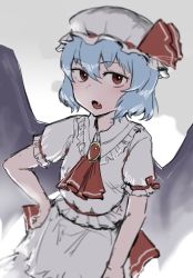 Rule 34 | 1girl, absurdres, ascot, bat wings, blue hair, blush, collared shirt, commentary request, cowboy shot, expressionless, fang, flat chest, frilled shirt collar, frilled sleeves, frills, hair between eyes, hakonnbo, hand on own hip, hat, hat ribbon, highres, looking at viewer, mob cap, open mouth, red ascot, red ribbon, remilia scarlet, ribbon, shirt, short hair, skirt, skirt set, solo, touhou, white hat, white shirt, white skirt, wings