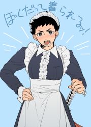 Rule 34 | 1boy, ace attorney, alternate costume, apron, black eyes, black hair, blue background, blue dress, blush, center frills, crossdressing, dress, enmaided, frills, furrowed brow, hand on own hip, highres, katana, long sleeves, looking at viewer, maid, maid apron, maid headdress, male focus, mizuno (iori-amu), open mouth, ryunosuke naruhodo, short hair, simple background, solo, sword, the great ace attorney, waist apron, weapon, white apron
