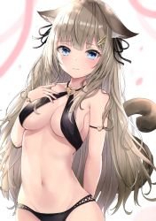 Rule 34 | 1girl, absurdres, akino ell, animal ear fluff, animal ears, bare shoulders, bell, bikini, black bikini, black ribbon, blue eyes, blue nails, blurry, bracelet, breasts, brown hair, cat ears, cat girl, cat tail, cleavage, closed mouth, criss-cross halter, frown, groin, hair ornament, hair ribbon, hairclip, halterneck, hand on own chest, hand up, heart, highres, jewelry, jingle bell, large breasts, long hair, looking at viewer, multicolored nails, nail art, nail polish, navel, original, pink nails, pink ribbon, ribbon, scan, signature, solo, stomach, swimsuit, tail, upper body, very long hair, white background