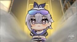 Rule 34 | 1girl, a-pose, black gloves, chibi, chibi inset, closed mouth, commentary, crop top, crossed bangs, english commentary, english text, expressionless, gameplay mechanics, gloves, goggles, goggles on head, grey eyes, grey hair, hair between eyes, honkai: star rail, honkai (series), midriff, ponytail, pootaetae, shirt, shorts, silver wolf (honkai: star rail), solo, standing, twitter username, white shirt