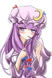 Rule 34 | 1girl, blue bow, blue ribbon, blush, bow, breasts, capelet, crescent, crescent pin, eating, food, food in mouth, hair bow, hat, hat ribbon, highres, long hair, looking at viewer, medium breasts, namiki (remiter00), patchouli knowledge, pocky, pocky day, purple eyes, purple hair, red bow, red ribbon, ribbon, simple background, solo, touhou, upper body, very long hair, white background, wide sleeves