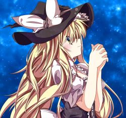 Rule 34 | 1girl, alternate hair length, alternate hairstyle, bad id, bad pixiv id, black vest, blonde hair, blush, bow, determined, from side, own hands clasped, hat, hat bow, hikobae, interlocked fingers, kirisame marisa, long hair, looking up, night, night sky, own hands together, sash, shirt, sky, solo, star (sky), starry sky, steepled fingers, touhou, tsurime, upper body, very long hair, vest, white shirt, witch hat, yellow eyes