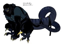 Rule 34 | 1boy, animal feet, bara, black eyes, black hair, black pants, blue skin, body markings, claws, colored sclera, colored skin, constricted pupils, digitigrade, dinosaur boy, dinosaur tail, elbow gloves, fingerless gloves, full body, fur collar, gloves, high collar, highres, large pectorals, long tail, looking at viewer, male focus, mame tori, monster boy, muscular, muscular male, open mouth, original, pants, pectorals, reptile boy, sharp teeth, short hair, simple background, solo, squatting, tail, teeth, very short hair, white background, yellow sclera